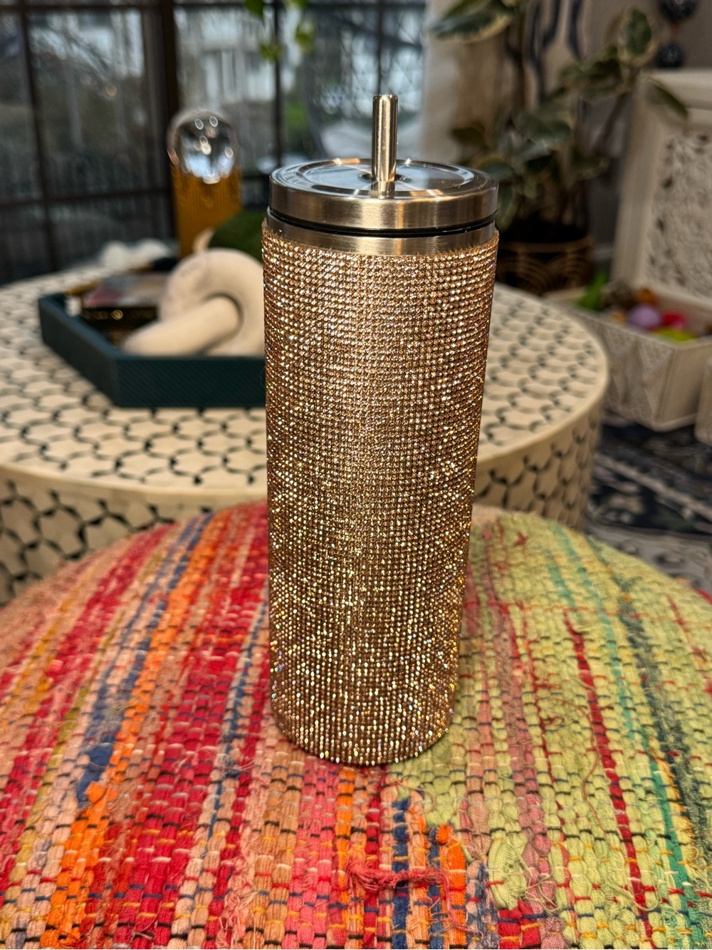 Rhinestone Bling Embellished Rose Gold Tumbler with Straw stainless steel 20 oz - Picture 3 of 4